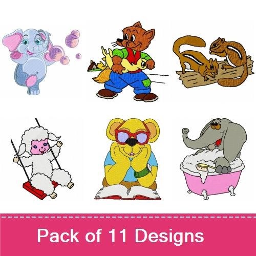 Cute Animal Characters Embroidery Bundle – Elephant with Bubbles, Squirrel with Flower, Bear with Umbrella & More (11 Designs)