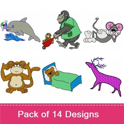 Cute Animal Characters Embroidery Bundle – Bath Time Elephant, Playful Dolphin, Cheerful Squirrel & More (14 Designs)