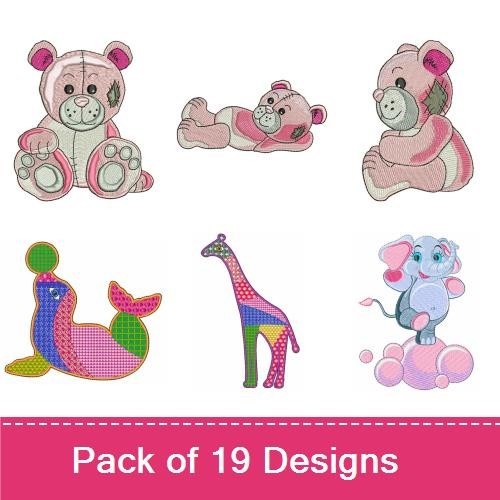 Cute Teddy & Animal Friends Embroidery Designs Bundle – Elephant with Bubbles, Seal with Colorful Tail, Giraffe & More (19 Designs)