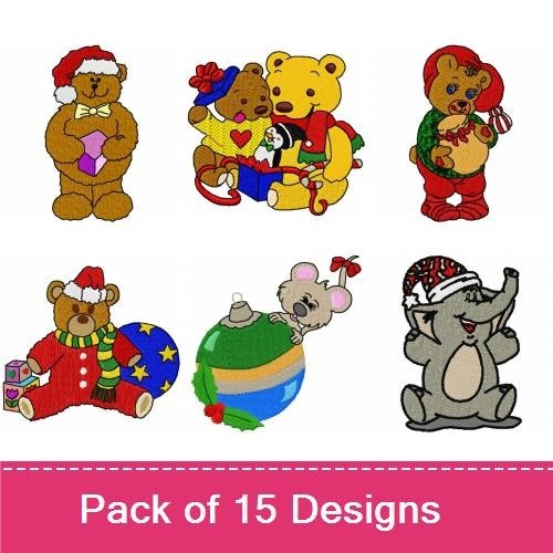Cute Holiday-themed Bears & Animals Embroidery Bundle – Santa Bear, Holiday Elephant, Reindeer & More (15 Designs)