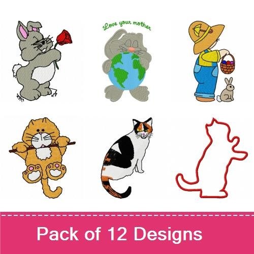 Cute Animal & Holiday Character Embroidery Designs Bundle – Elephant on Ball, Happy Bunny, Happy Harvest Scarecrow & More (12 Designs)