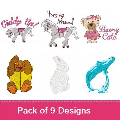 Cute Critters Embroidery Designs Bundle – Elephant with Balloons, Squirrel, Horse, Cat & More (9 Designs)