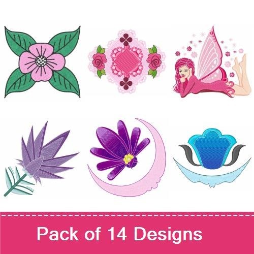 Floral and Fairy Embroidery Bundle – Fairy with Pink Wings, Rose Design, Crescent Moon with Flower & More (14 Designs)