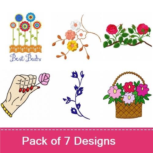 Floral Embroidery Designs Bundle – Colorful Flower Bouquet, Best Buds Text, Hand Holding Flower & More (7 Designs)