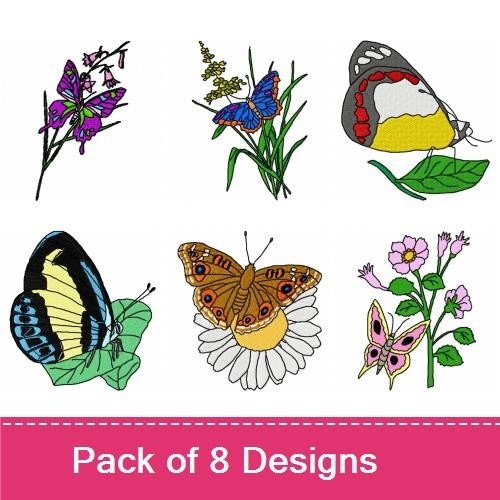 Colorful Butterflies and Flowers Embroidery Designs Bundle – Monarch Butterfly, Blue Butterfly, Pink Butterfly & More (8 Designs)