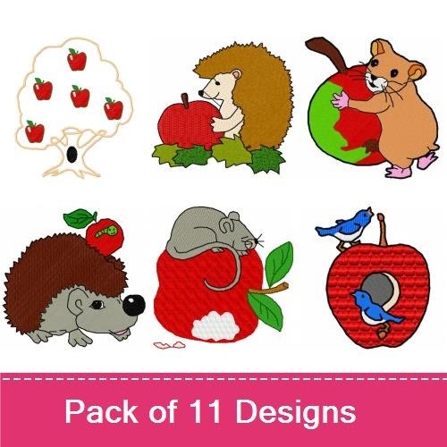 Apple and Nature Embroidery Designs Bundle – Red Apple on Book, Hedgehog with Apple, Bear with Apple & More (11 Designs)