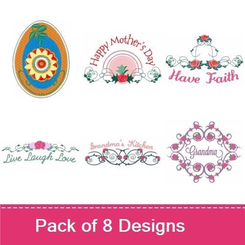 Floral Sentiments Embroidery Designs Bundle – Grandma, Growing Memories, Mother's Day & More (8 Designs)