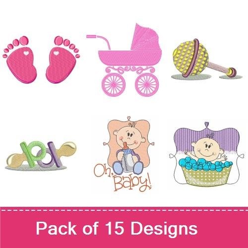 Baby-Themed Embroidery Designs Bundle – Baby Scale with Bear, Baby Bath in Tub, Milk Bottle & More (15 Designs)