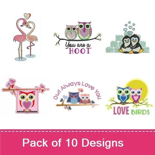Love Birds & Feathered Friends Embroidery Designs Bundle – Owl Always Love You, Heart with Roosters, Flamingo & More (10 Designs)
