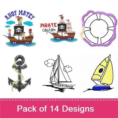 Nautical Adventure Embroidery Designs Bundle – Pirate Ship, Sailboat, Treasure Chest & More (14 Designs)