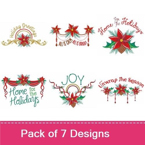 Poinsettia Holiday Greetings Embroidery Designs Bundle – Home for the Holidays, Joy, Deck the Halls & More (7 Designs)