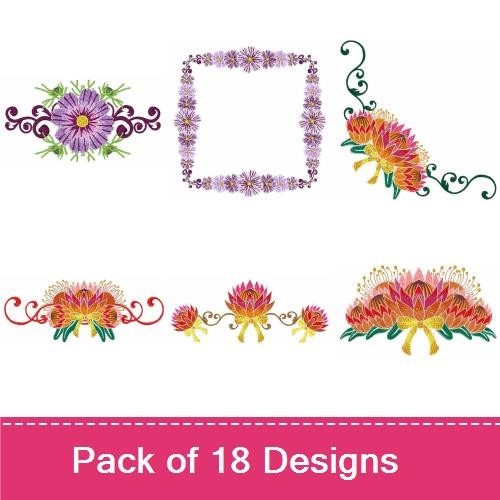 Floral Elegance Embroidery Designs Bundle – Lotus Flower Arrangement, Floral Monogram, Decorative Floral Swirl & More (18 Designs)