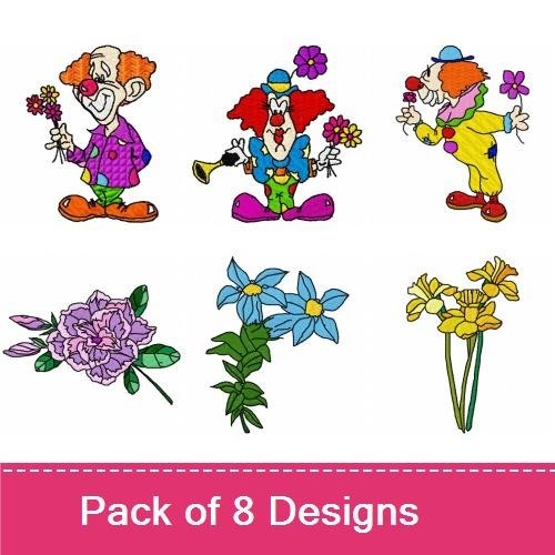 Clown & Floral Embroidery Designs Bundle – Clown with Flowers, Clown Playing Trumpet, Frog with Flower & More (8 Designs)