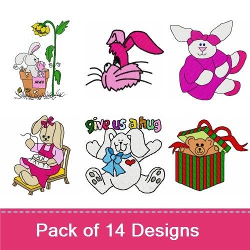 Cute Animal Friends Embroidery Designs Bundle – I Love Ewe, Flower Bunny, Bunny with Pink Ears & More (14 Designs)