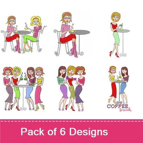Coffee Break Ladies Embroidery Designs Bundle – Enjoying Coffee Together, Vibrant Styles & More (6 Designs)