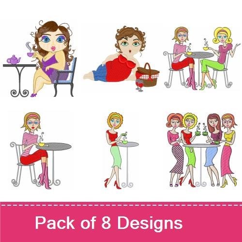 Chic Ladies at Tea Time Embroidery Designs Bundle – Chic Lady with Coffee, Chic Lady in Red Dress, & More (8 Designs)