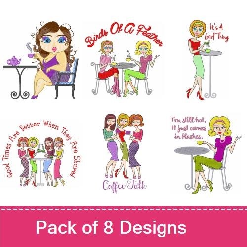 Coffee Girls Embroidery Bundle – Coffee Girl with Cup, Girl Group Chat, Blonde with Coffee & More (8 Designs)