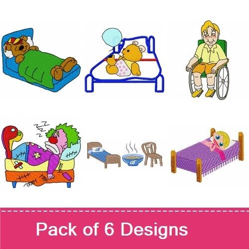Bedtime Bears Embroidery Designs Bundle – Sleeping Bear, Bear with Balloon, Clown on Bed & More (6 Designs)