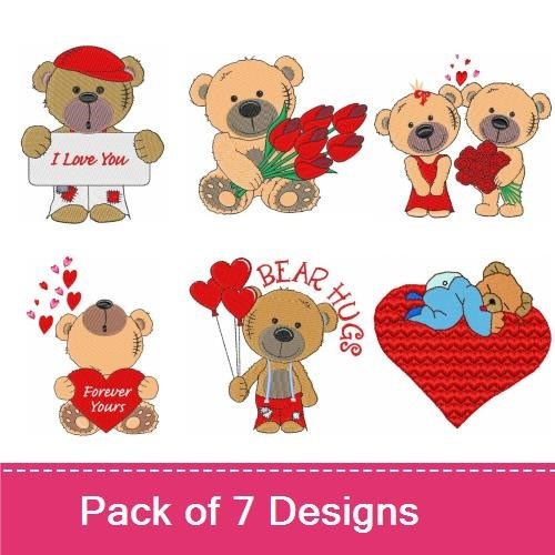 Cute Bear Embroidery Designs Bundle – Bear Hugs, Bear with Balloons, I Love You Bear & More (7 Designs)