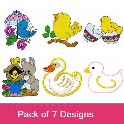 Cute Baby Birds & Bunny Embroidery Designs Bundle – Bunny with Flower Pot, Yellow Baby Bird in Nest & More (7 Designs)