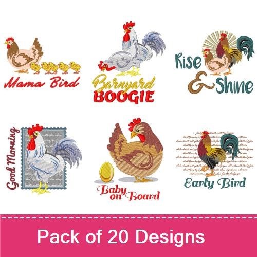 Farmyard Animals Embroidery Designs Bundle – Owls, Birds, Rooster, Chicks & More (20 Designs)