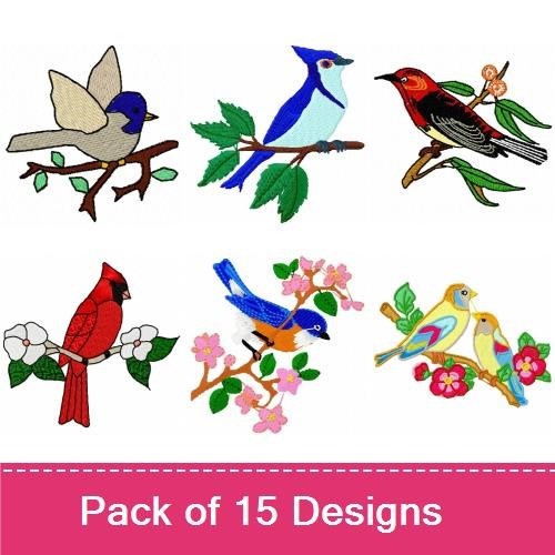 Colorful Birds Embroidery Bundle – Parrot on Branch, Blue Jay, Hummingbird & More (15 Designs)