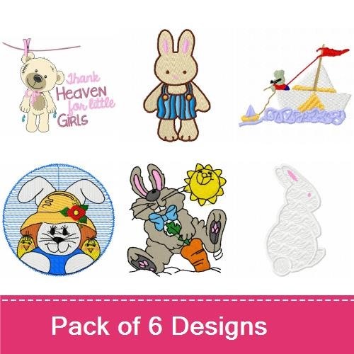 Bunny & Teddy Bear Embroidery Bundle – Bunny with Boat, Teddy Bear with Pink Bow, & Thank Heaven for Little Girls (6 Designs)