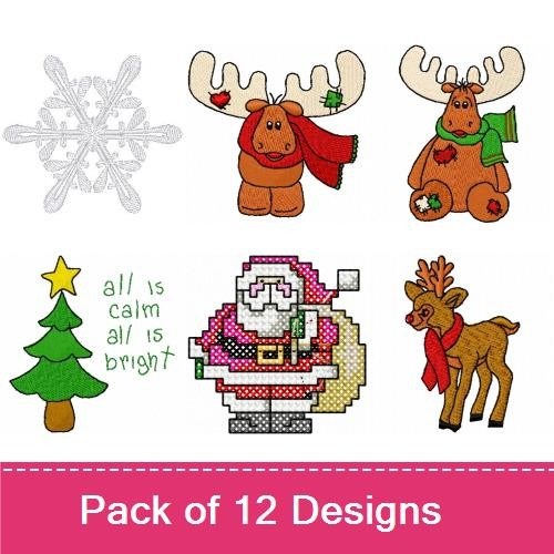 Christmas Characters Embroidery Designs Bundle – Santa Claus, Reindeer, Moose with Scarf & More (12 Designs)