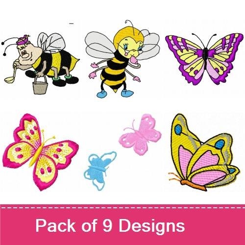 Bees & Butterflies Embroidery Designs Bundle – Butterfly with Purple and Yellow Wings, Cheerful Bee with Stripes & More (9 Designs)