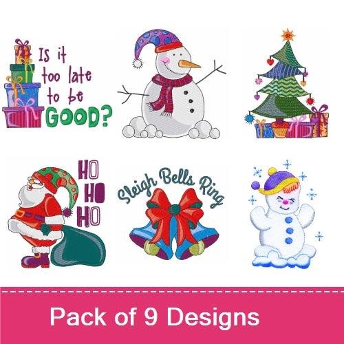 Holiday-Themed Embroidery Designs Bundle – Snowman, Christmas Tree, Ho Ho Ho & More (9 Designs)