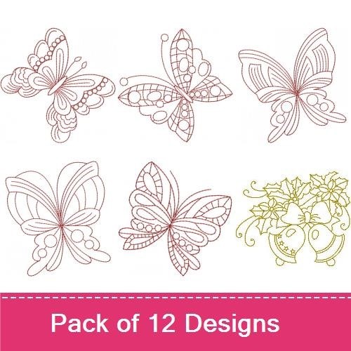 Redwork Vintage Holiday Embroidery Designs Bundle – Bells with Holly, Snowman with Gift & More (12 Designs)