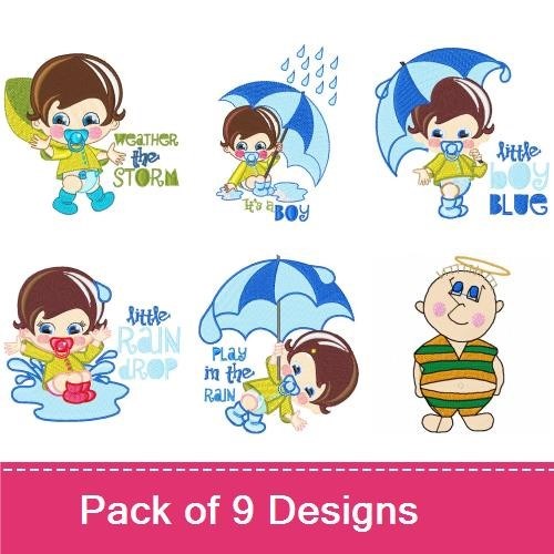 Cute Baby Rain Embroidery Designs Bundle – Baby with Umbrella, Baby in Rain Gear, Footprints & More (9 Designs)