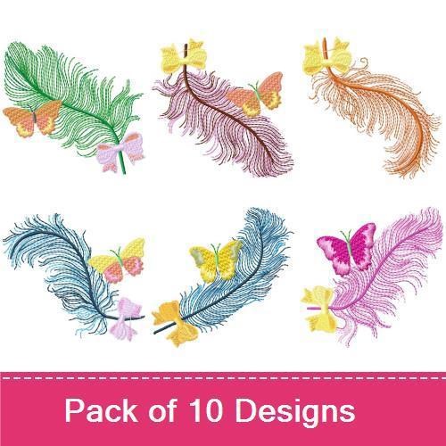 Colorful Feather & Butterfly Embroidery Designs Bundle – Colorful Feather with Butterfly, Purple Feather with Butterfly & More (10 Designs)