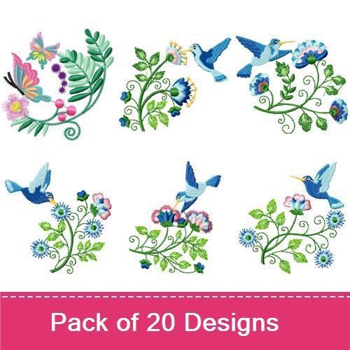 Floral & Hummingbird Embroidery Designs Bundle – Hummingbird with Flowers, Swirling Floral Vine & More (20 Designs)
