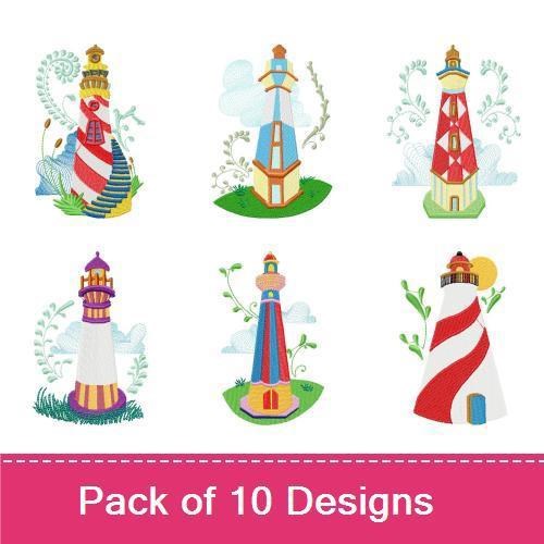 Colorful Lighthouse Embroidery Designs Bundle – Red and White Striped, Blue and White Striped, Lantern Lighthouse & More (10 Designs)