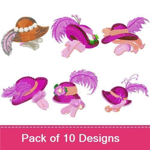 Elegant Feathered Hats Embroidery Designs Bundle – Pink, Orange, Purple & More (10 Designs)