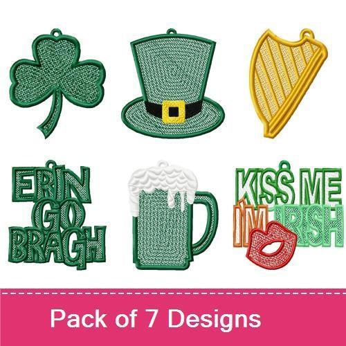 FSL St. Patrick's Day Embroidery Designs Bundle – Shamrock, Top Hat, Harp & More (7 Designs)