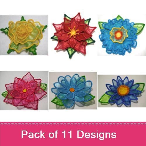 FSL Colorful Floral Embroidery Designs Bundle – Red Flower Lace, Yellow Flower Lace, Blue Flower Lace & More (11 Designs)