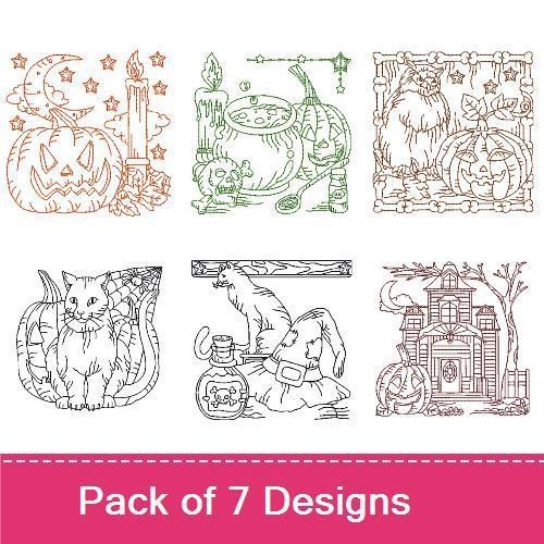 Redwork Halloween Embroidery Designs Bundle – Pumpkin with Moon, Witch's Cauldron, Black Cat & More (7 Designs)