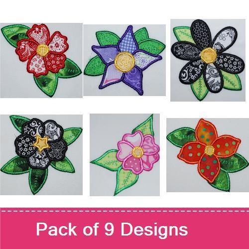 Applique Colorful Floral Embroidery Bundle – Pink, Red, Purple, & More (9 Designs)