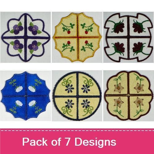 ITH Floral Coasters Embroidery Designs Bundle – Pink Flowers, Blue Floral, Vines & More (7 Designs)