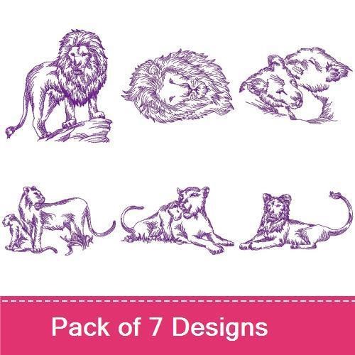 Redwork Majestic Lions Embroidery Bundle – Male Lion Sitting, Female Lion Lying Down, Lioness with Cub & More (7 Designs)