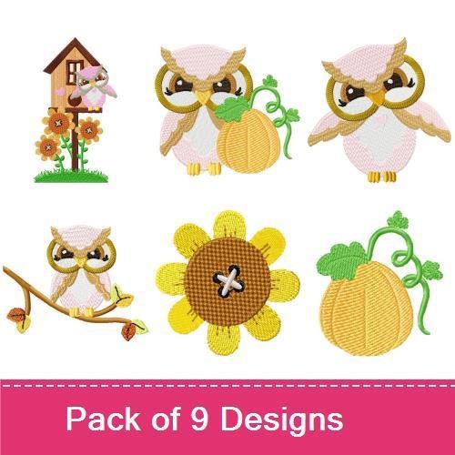 Autumn Owls & Pumpkins Embroidery Designs Bundle – Owl on Birdhouse, Owl with Pumpkin, Sunflower & More (9 Designs)