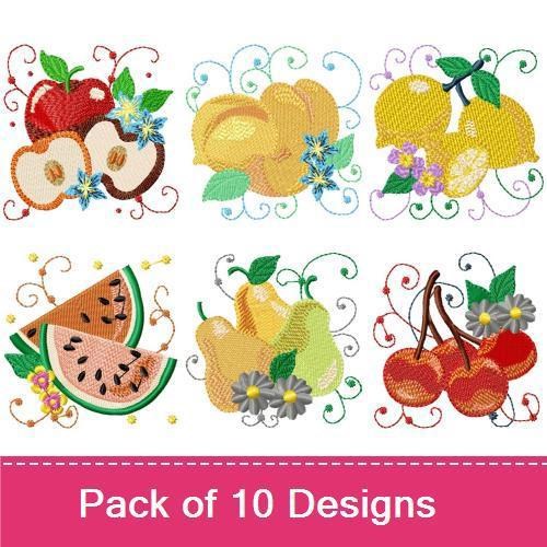 Fresh Fruit Embroidery Designs Bundle – Red Apple with Flowers, Pineapple, Watermelon & More (10 Designs)
