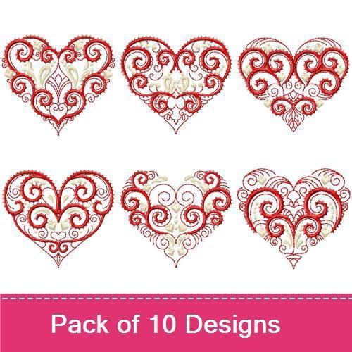 Redwork Elegant Hearts Embroidery Bundle – Elegant Heart with Swirls, Heart with Floral Design, Ornate Heart & More (10 Designs)