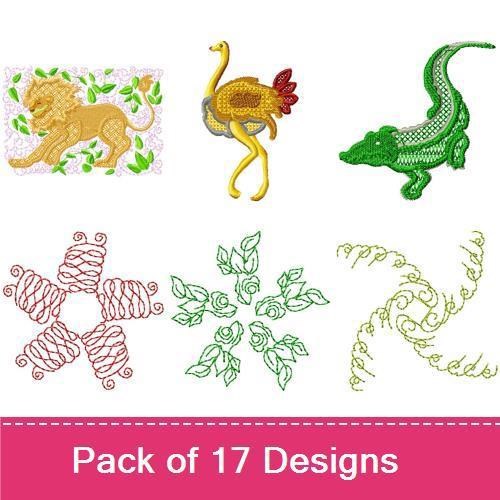 Whimsical Animals and Nature Embroidery Designs Bundle – Lion with Leaves, Green Lizard, Colorful Bird & More (17 Designs)