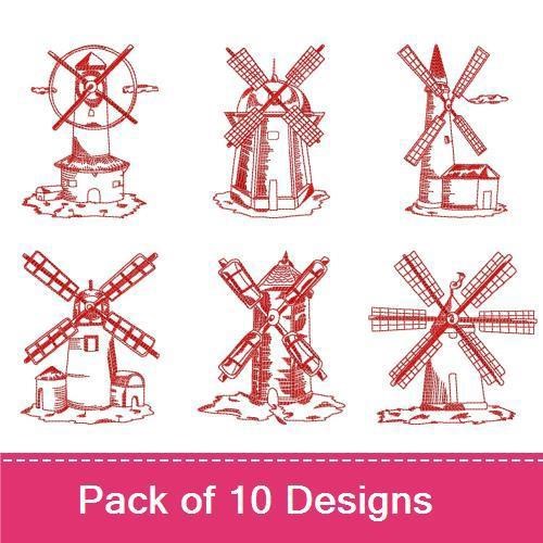 Redwork Windmill Embroidery Designs Bundle – Classic Windmill, Dutch Windmill, Windmill by the Water & More (10 Designs)