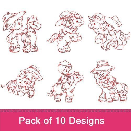 Redwork Cowboy & Pony Embroidery Designs Bundle – Cowboy with Pony, Cowboy Feeding Pony, Little Cowboy & More (10 Designs)