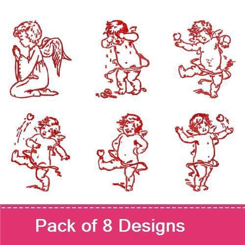 Redwork Cherubic Angels Embroidery Designs Bundle – Praying Cherub, Dancing Cherub, Singing Cherub & More (8 Designs)