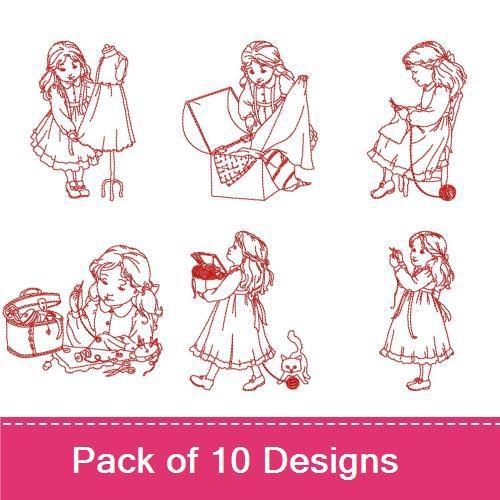 Redwork Vintage Sewing Girls Embroidery Designs Bundle – Sewing Girl with Machine, Girl with Fabric, & More (10 Designs)